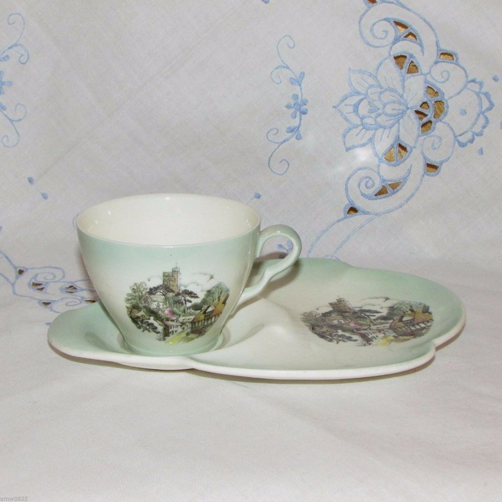 Royal Winton Grimwades Tennis Snack Set Teacup Plate Village Scene England Green